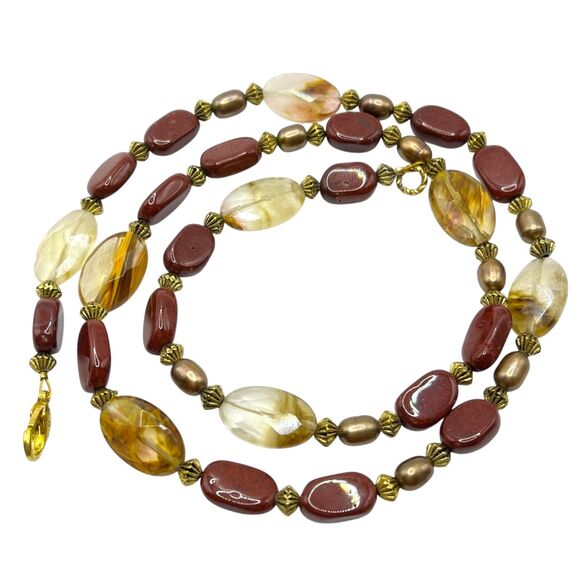 Handmade Red Brown Stone Agate Beaded Necklace Gold Tone Artisan Boho Jewelry - Picture 1 of 9